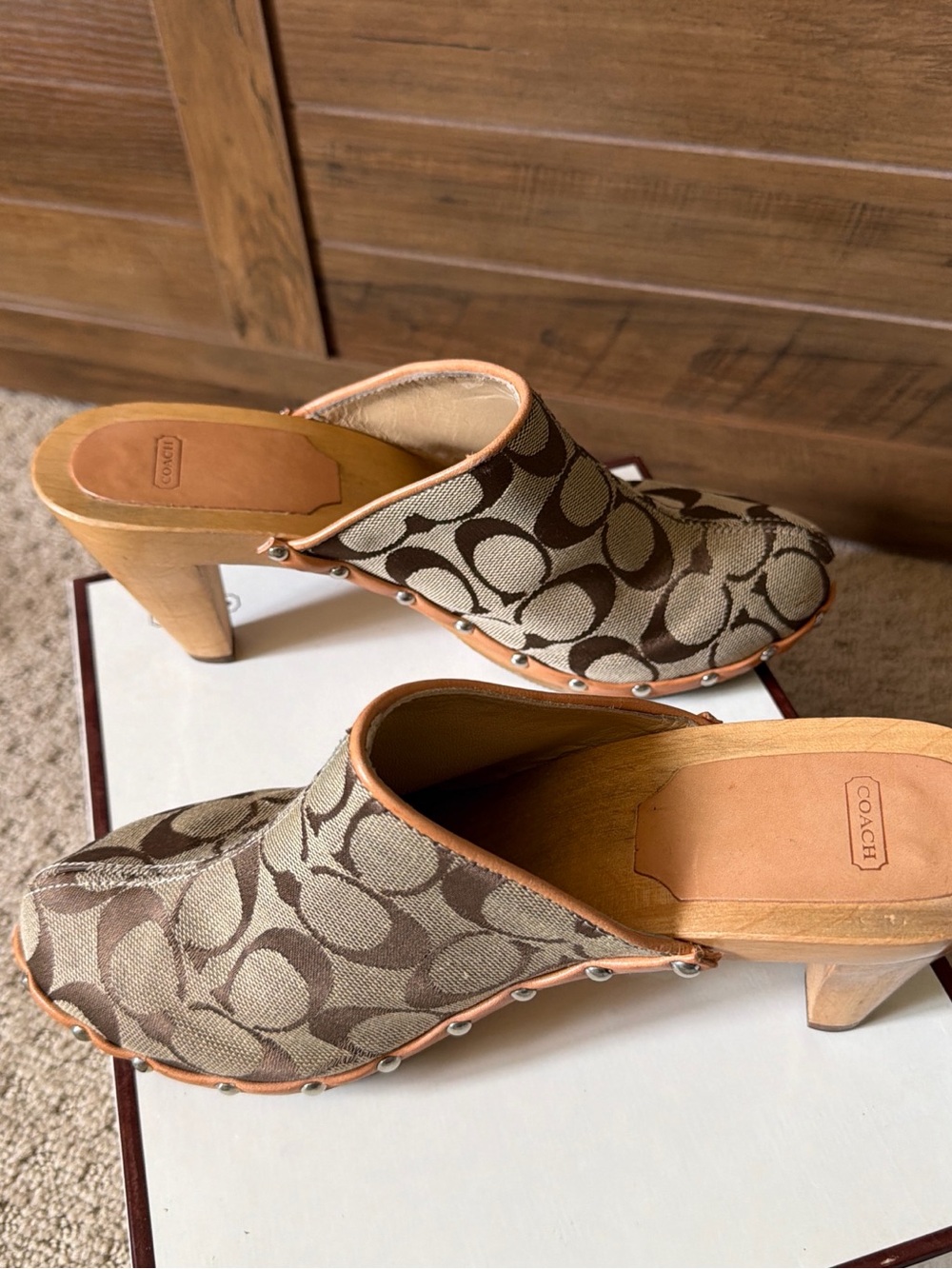 Coach Beige & Brown Signature Jacquard Clog Mules - Picture 3 of 7